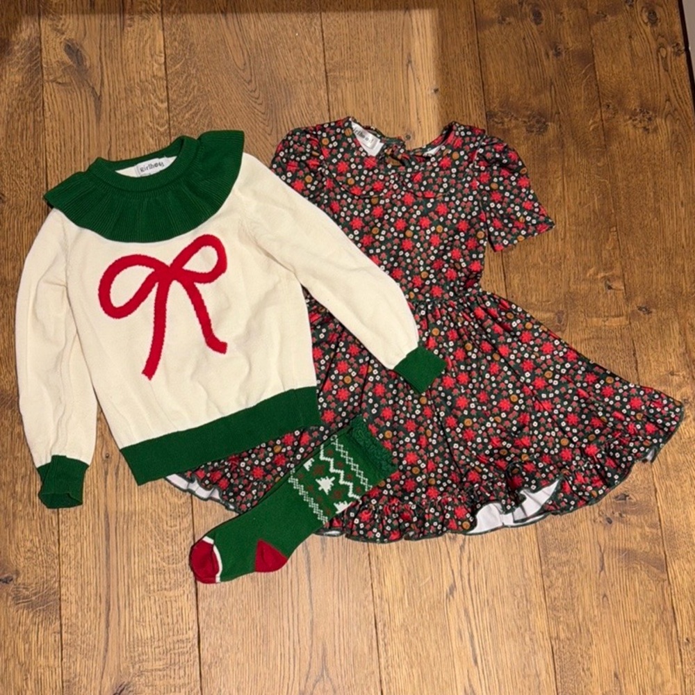 Girlhood by Little Stocking Company Poinsetta Twirl Dress, Sweater, Socks Set